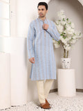 MULTI SHADES Men's Long Sleeve Mandarin Collar Elegant Printed Blue Straight Cotton Kurta | Grocsy