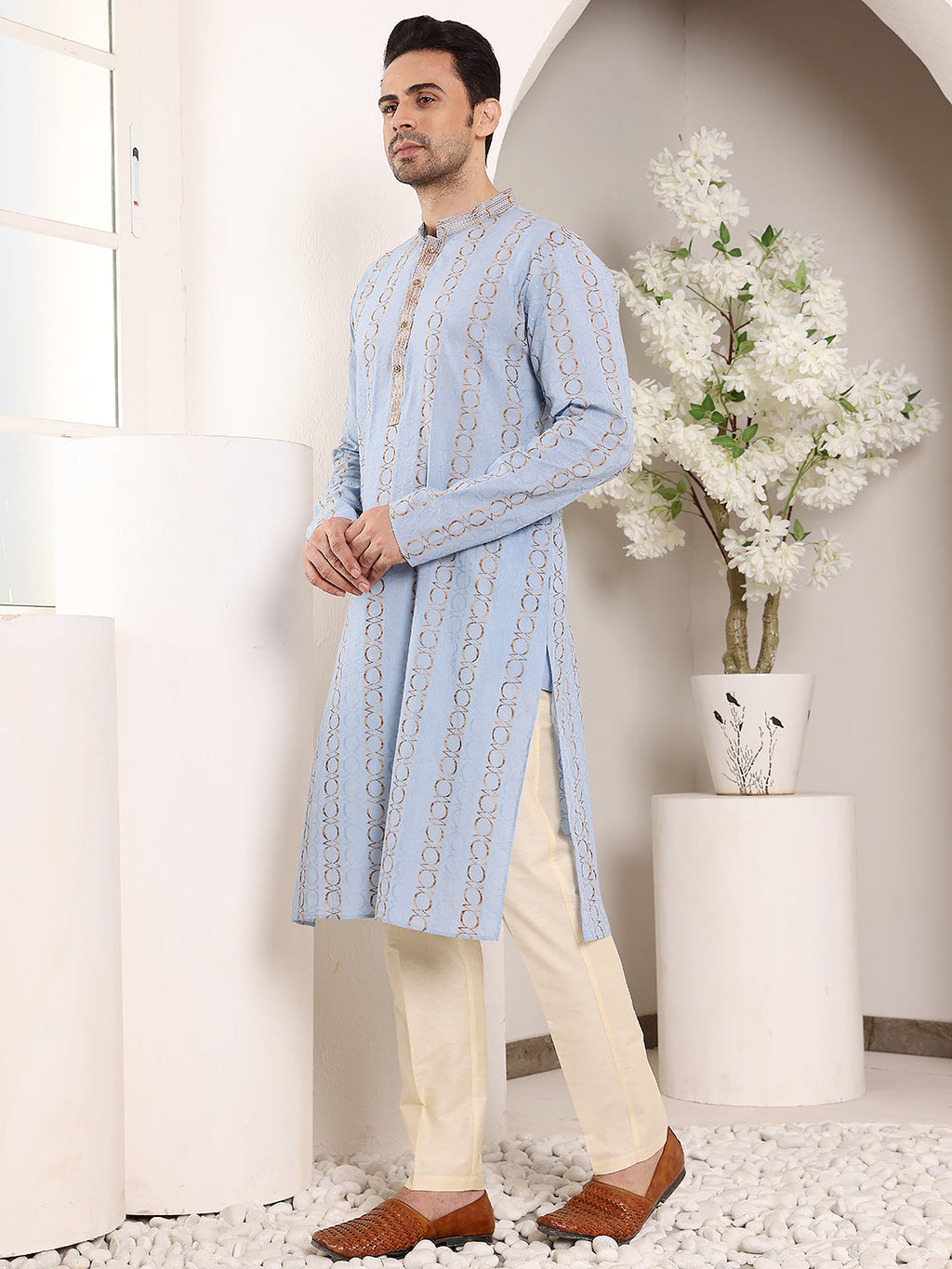 MULTI SHADES Men's Long Sleeve Mandarin Collar Elegant Printed Blue Straight Cotton Kurta | Grocsy