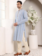 MULTI SHADES Men's Long Sleeve Mandarin Collar Elegant Printed Blue Straight Cotton Kurta | Grocsy