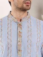 MULTI SHADES Men's Elegant Printed Blue Straight Cotton Kurta,Cream Solid Trouser Style Churidar | Grocsy