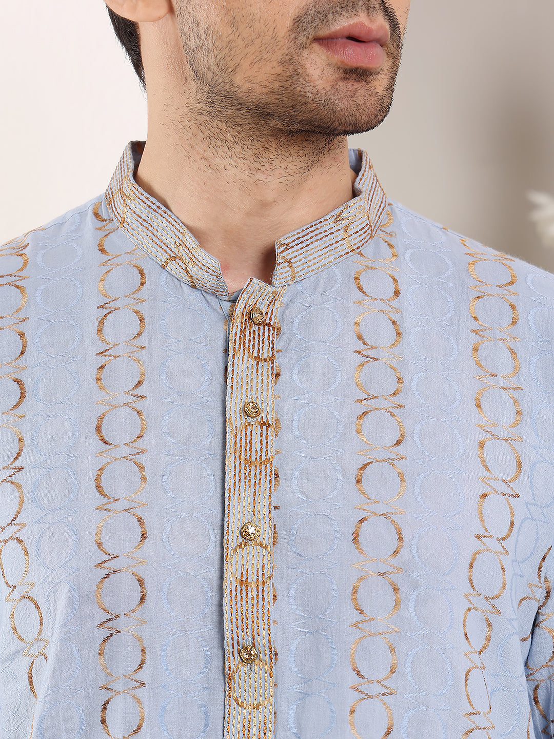 MULTI SHADES Men's Elegant Printed Blue Straight Cotton Kurta,Cream Solid Trouser Style Churidar | Grocsy