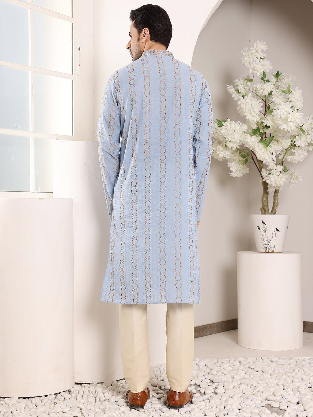 MULTI SHADES Men's Elegant Printed Blue Straight Cotton Kurta,Cream Solid Trouser Style Churidar | Grocsy