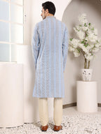 MULTI SHADES Men's Elegant Printed Blue Straight Cotton Kurta,Cream Solid Trouser Style Churidar | Grocsy