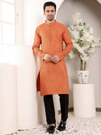 MULTI SHADES Men's Elegant Orange Straight Cotton Kurta With Ikkat Print,Black Solid Trouser Style Churidar | Grocsy