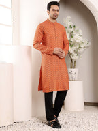 MULTI SHADES Men's Elegant Orange Straight Cotton Kurta With Ikkat Print,Black Solid Trouser Style Churidar | Grocsy