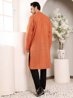 MULTI SHADES Men's Elegant Orange Straight Cotton Kurta With Ikkat Print,Black Solid Trouser Style Churidar | Grocsy