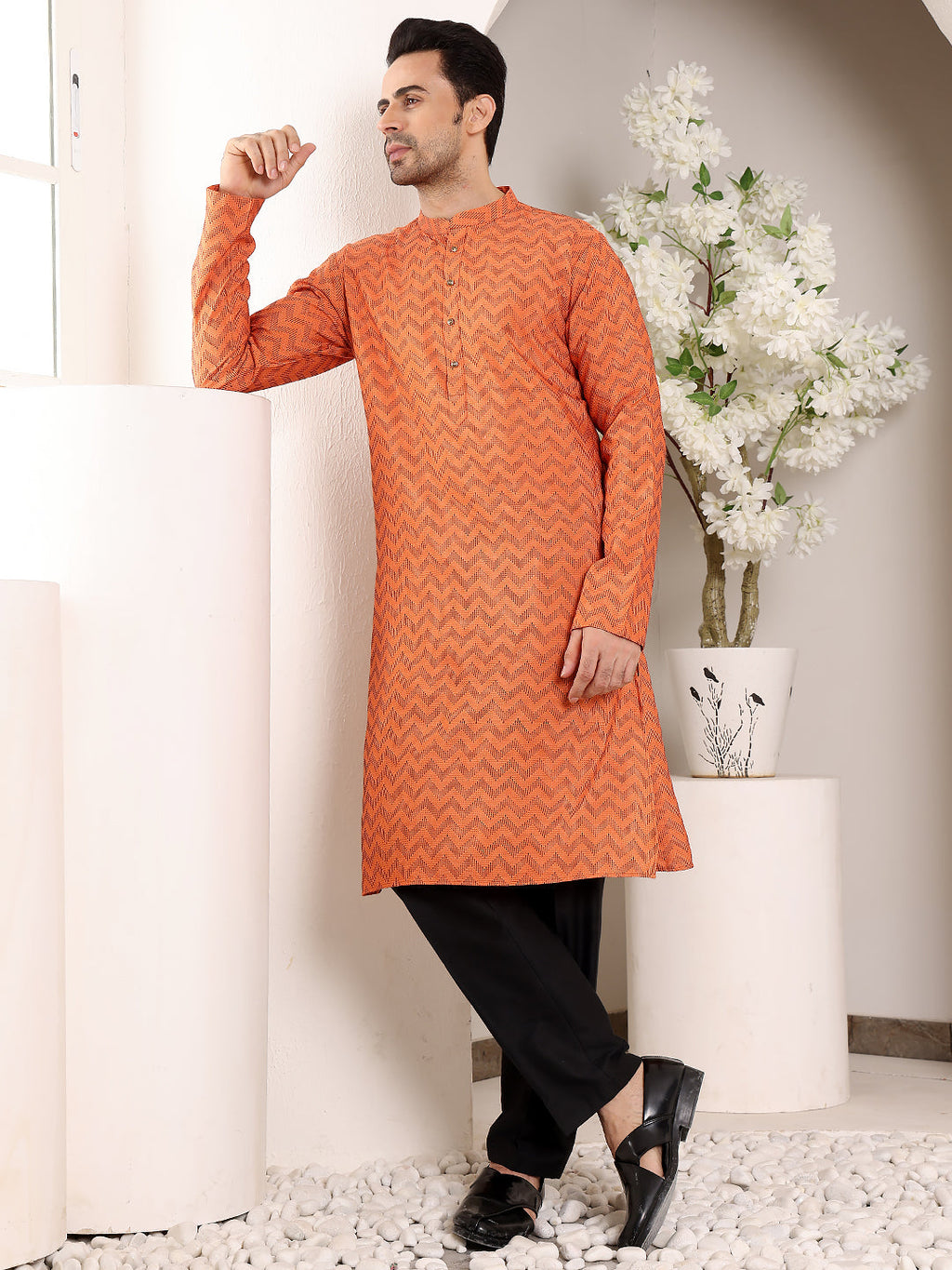MULTI SHADES Men's Elegant Orange Straight Cotton Kurta With Ikkat Print,Black Solid Trouser Style Churidar | Grocsy