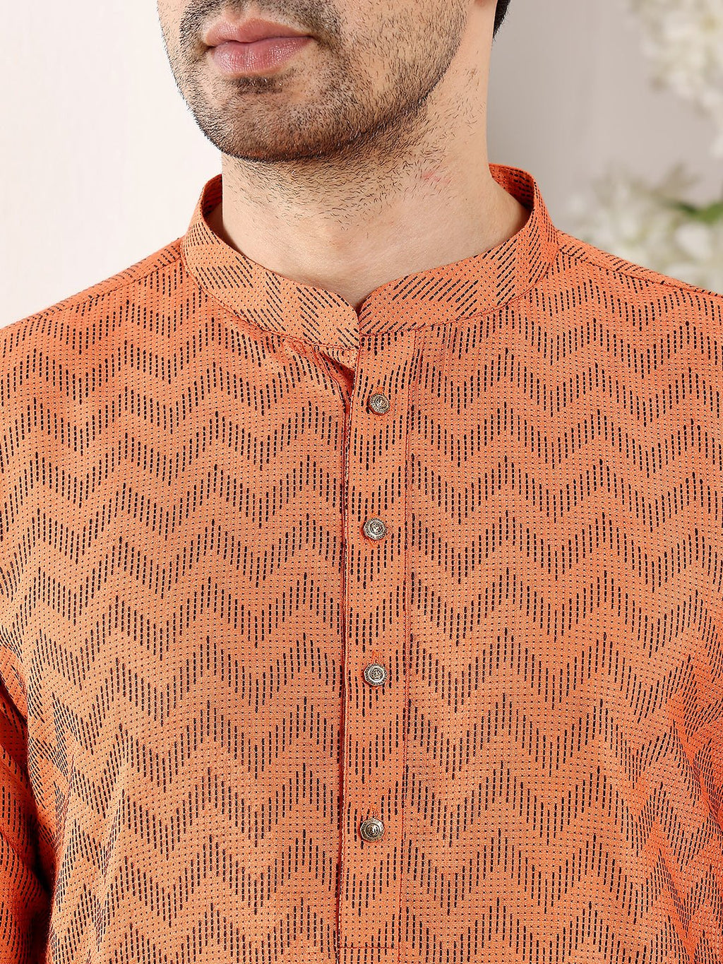 MULTI SHADES Men's Elegant Orange Straight Cotton Kurta With Ikkat Print,Black Solid Trouser Style Churidar | Grocsy