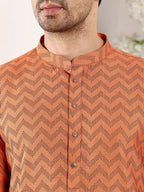 MULTI SHADES Men's Long Sleeve Mandarin Collar Elegant Orange Straight Cotton Kurta With Ikkat Print | Grocsy