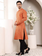 MULTI SHADES Men's Long Sleeve Mandarin Collar Elegant Orange Straight Cotton Kurta With Ikkat Print | Grocsy