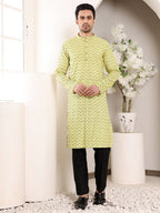 MULTI SHADES Men's Elegant Yellow Straight Cotton Kurta With Embroidery,Black Solid Trouser Style Churidar | Grocsy