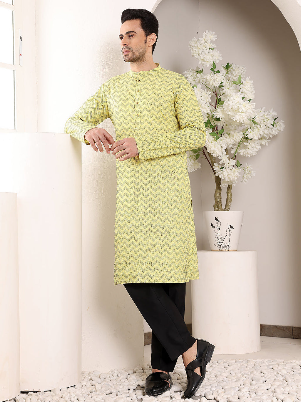 MULTI SHADES Men's Elegant Yellow Straight Cotton Kurta With Embroidery,Black Solid Trouser Style Churidar | Grocsy