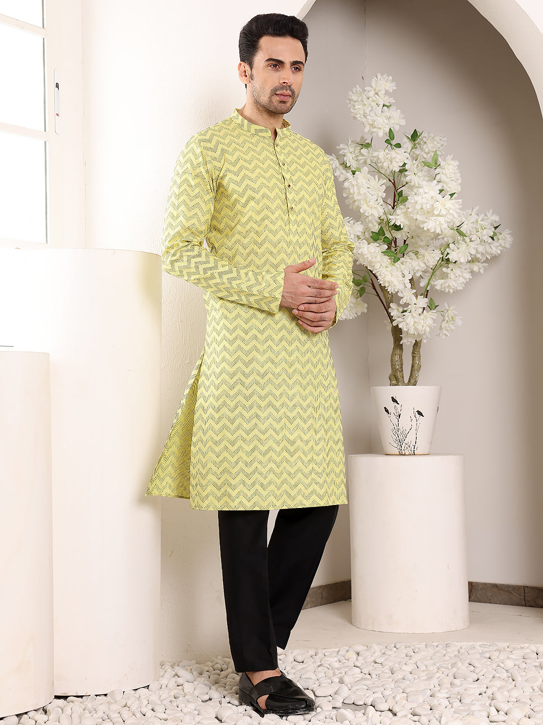 MULTI SHADES Men's Elegant Yellow Straight Cotton Kurta With Embroidery,Black Solid Trouser Style Churidar | Grocsy