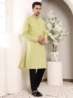 MULTI SHADES Men's Long Sleeve Mandarin Collar Elegant Yellow Straight Cotton Kurta With Embroidery | Grocsy