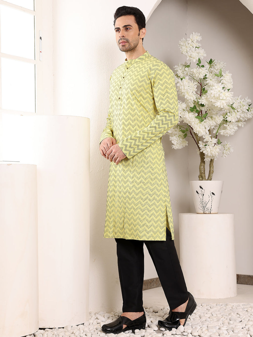 MULTI SHADES Men's Elegant Yellow Straight Cotton Kurta With Embroidery,Black Solid Trouser Style Churidar | Grocsy
