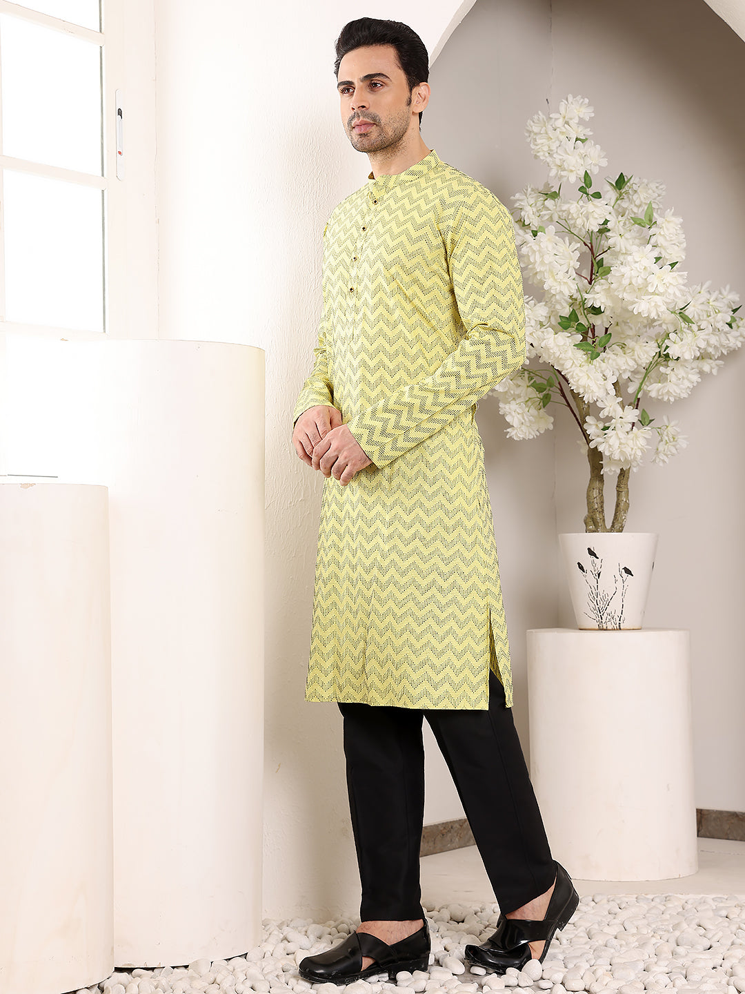 MULTI SHADES Men's Long Sleeve Mandarin Collar Elegant Yellow Straight Cotton Kurta With Embroidery | Grocsy
