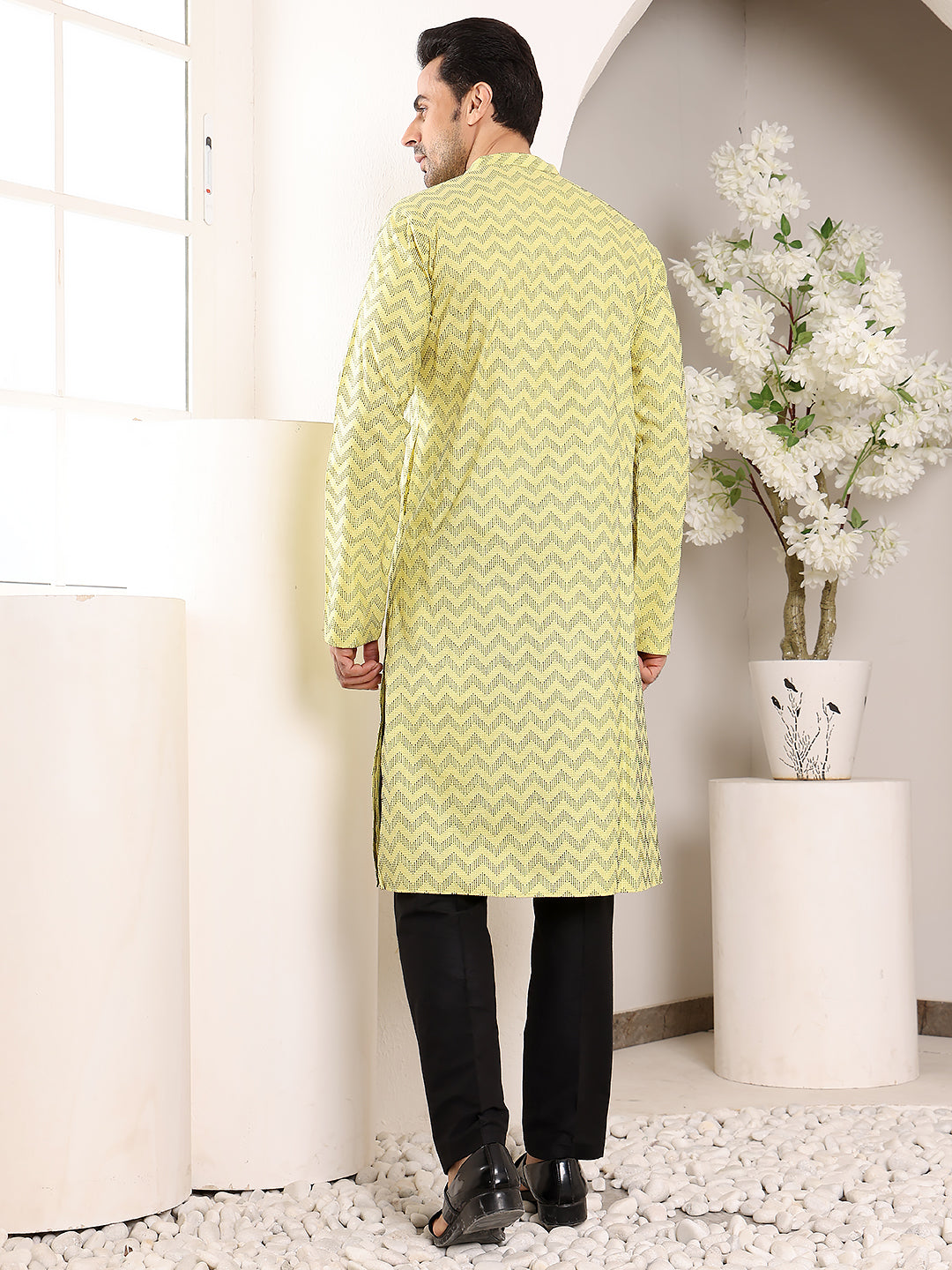 MULTI SHADES Men's Elegant Yellow Straight Cotton Kurta With Embroidery,Black Solid Trouser Style Churidar | Grocsy