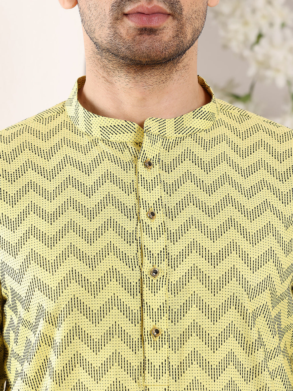 MULTI SHADES Men's Elegant Yellow Straight Cotton Kurta With Embroidery,Black Solid Trouser Style Churidar | Grocsy