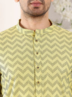 MULTI SHADES Men's Elegant Yellow Straight Cotton Kurta With Embroidery,Black Solid Trouser Style Churidar | Grocsy