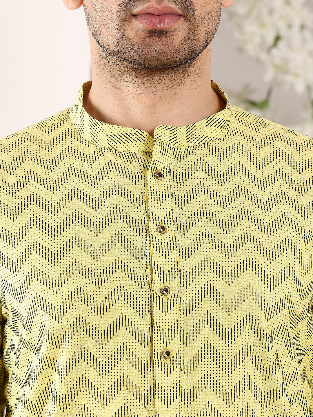 MULTI SHADES Men's Elegant Yellow Straight Cotton Kurta With Embroidery,Black Solid Trouser Style Churidar | Grocsy