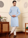 MULTI SHADES Men's Elegant Blue Printed Straight Cotton Kurta,Cream Solid Trouser Style Churidar | Grocsy