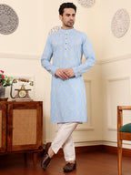 MULTI SHADES Men's Long Sleeve Mandarin Collar Elegant Blue Printed Straight Cotton Kurta | Grocsy