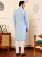 MULTI SHADES Men's Elegant Blue Printed Straight Cotton Kurta,Cream Solid Trouser Style Churidar | Grocsy