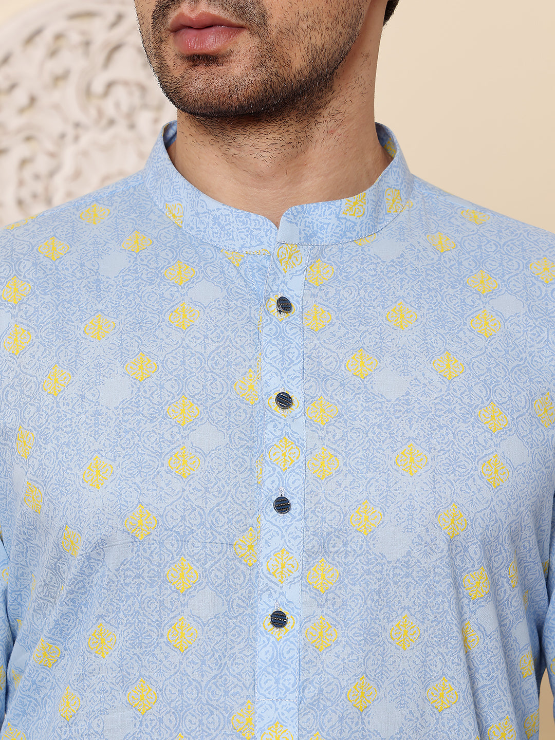 MULTI SHADES Men's Elegant Blue Printed Straight Cotton Kurta,Cream Solid Trouser Style Churidar | Grocsy