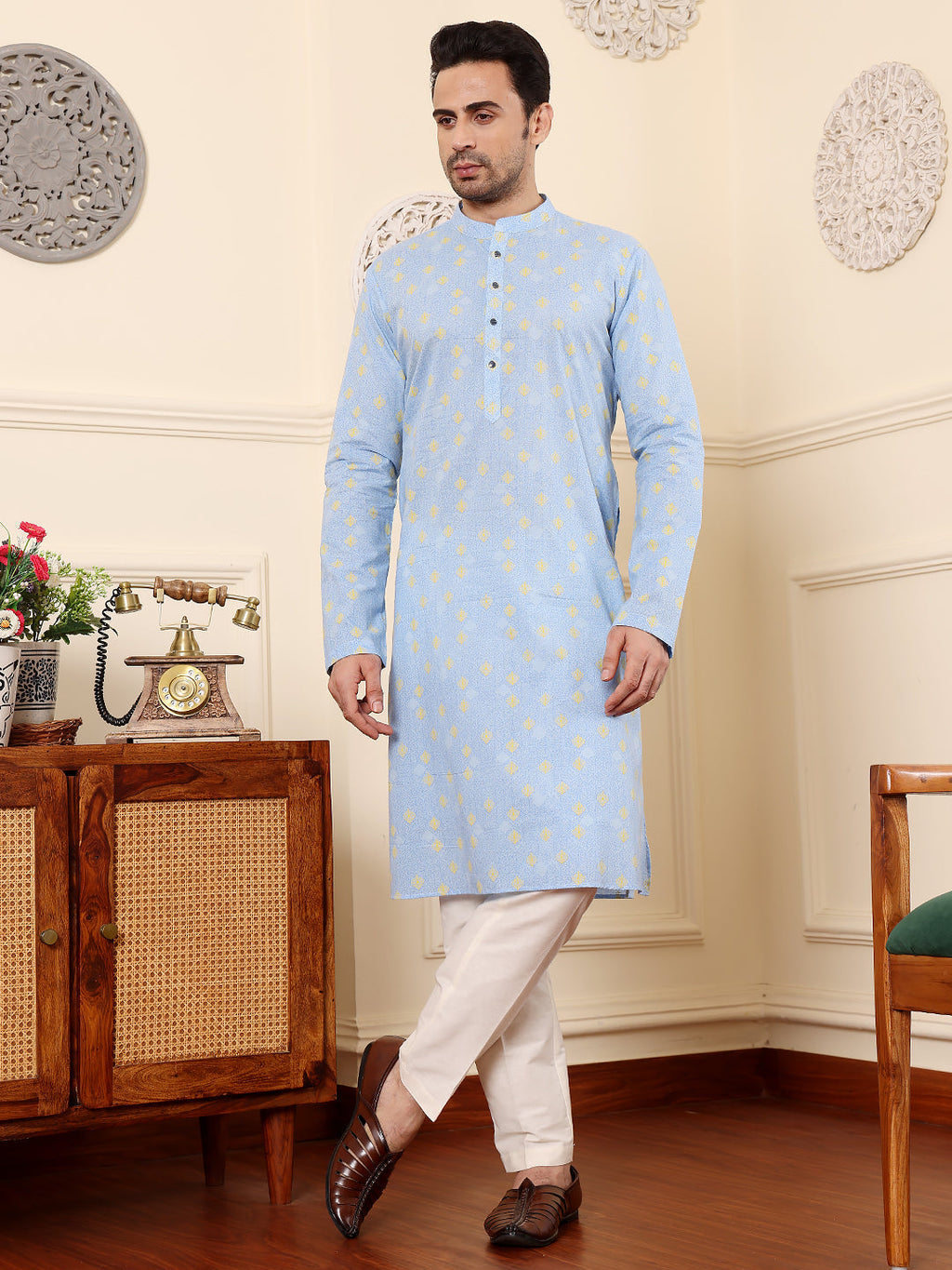 MULTI SHADES Men's Elegant Blue Printed Straight Cotton Kurta,Cream Solid Trouser Style Churidar | Grocsy
