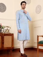 MULTI SHADES Men's Elegant Blue Printed Straight Cotton Kurta,Cream Solid Trouser Style Churidar | Grocsy