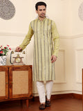 MULTI SHADES Men's Ethnic Straight Light Green Viscose Silk Kurta With Embroidery,Cream Solid Trouser Style Churidar | Grocsy