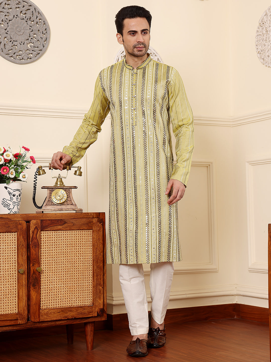 MULTI SHADES Men's Ethnic Straight Light Green Viscose Silk Kurta With Embroidery,Cream Solid Trouser Style Churidar | Grocsy