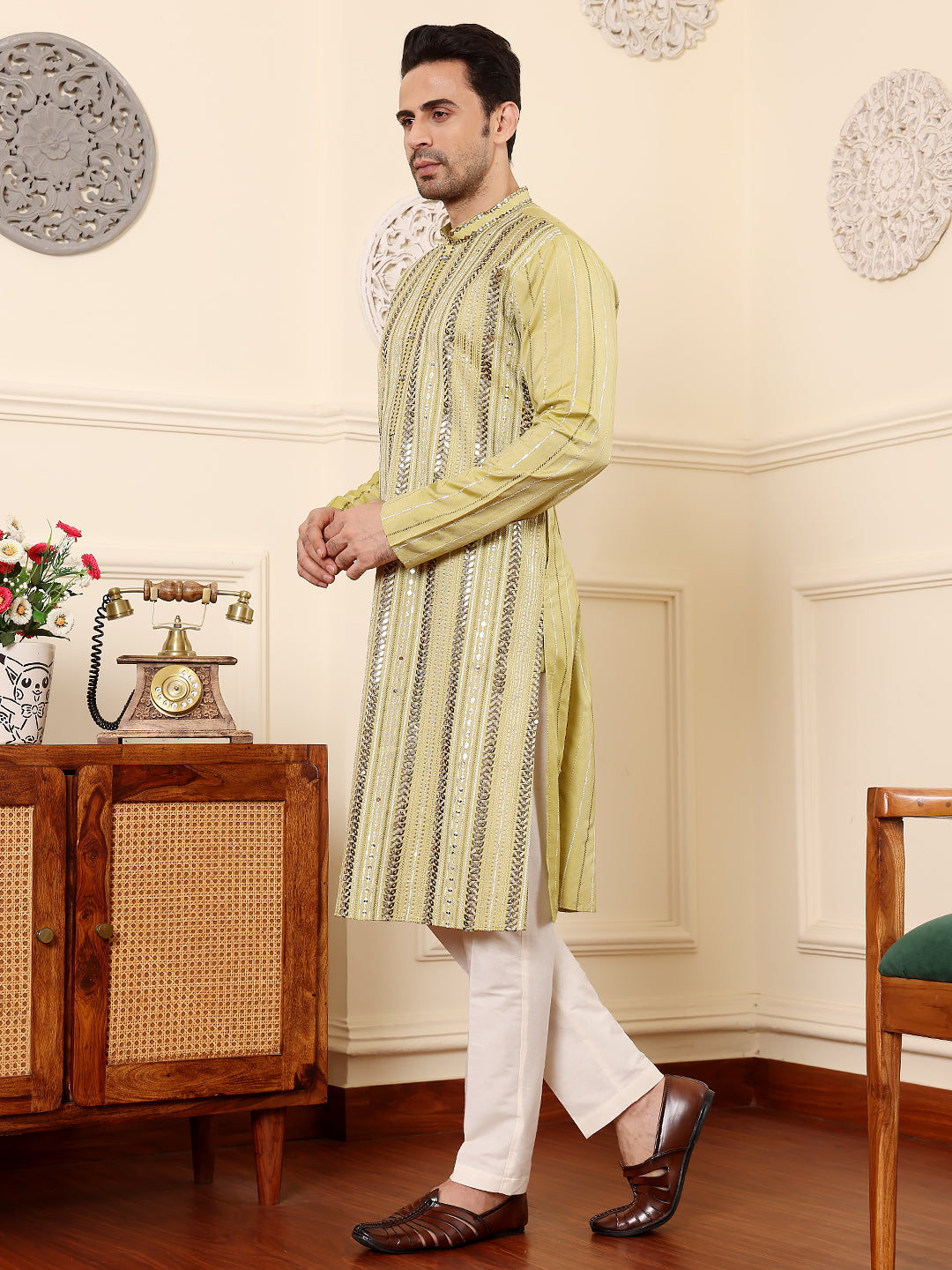 MULTI SHADES Men's Ethnic Straight Light Green Viscose Silk Kurta With Embroidery,Cream Solid Trouser Style Churidar | Grocsy