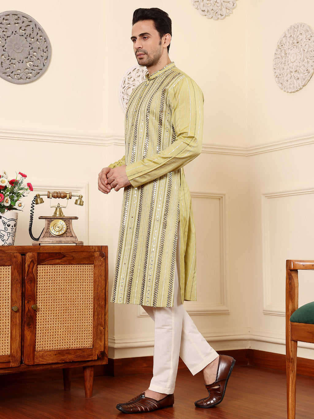 MULTI SHADES Men's Long Sleeve Mandarin Collar Ethnic Straight Light Green Viscose Silk Kurta With Embroidery | Grocsy