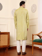 MULTI SHADES Men's Ethnic Straight Light Green Viscose Silk Kurta With Embroidery,Cream Solid Trouser Style Churidar | Grocsy