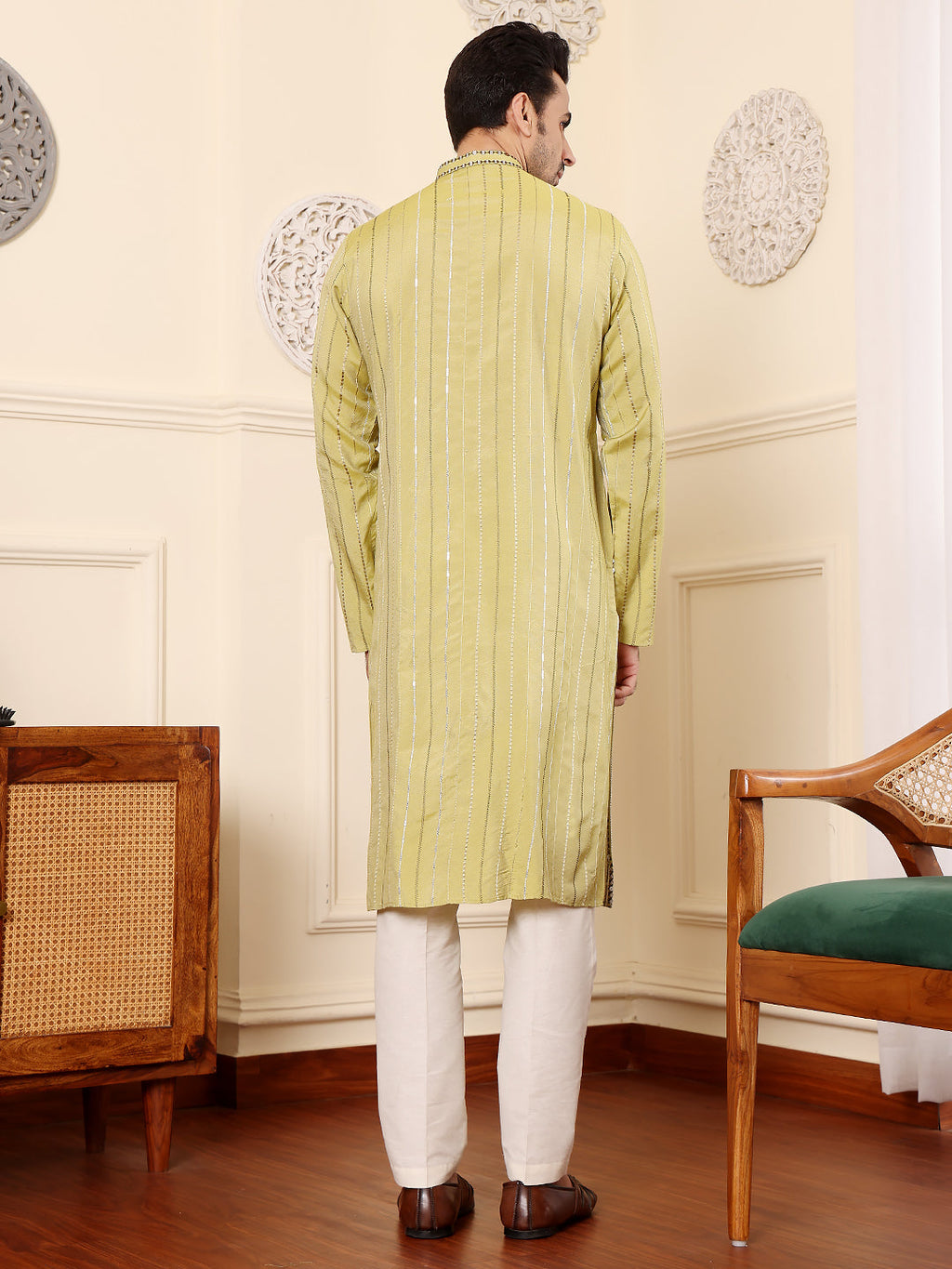 MULTI SHADES Men's Long Sleeve Mandarin Collar Ethnic Straight Light Green Viscose Silk Kurta With Embroidery | Grocsy