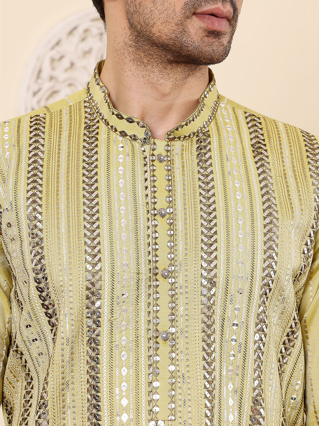 MULTI SHADES Men's Ethnic Straight Light Green Viscose Silk Kurta With Embroidery,Cream Solid Trouser Style Churidar | Grocsy
