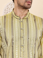 MULTI SHADES Men's Long Sleeve Mandarin Collar Ethnic Straight Light Green Viscose Silk Kurta With Embroidery | Grocsy