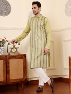 MULTI SHADES Men's Ethnic Straight Light Green Viscose Silk Kurta With Embroidery,Cream Solid Trouser Style Churidar | Grocsy