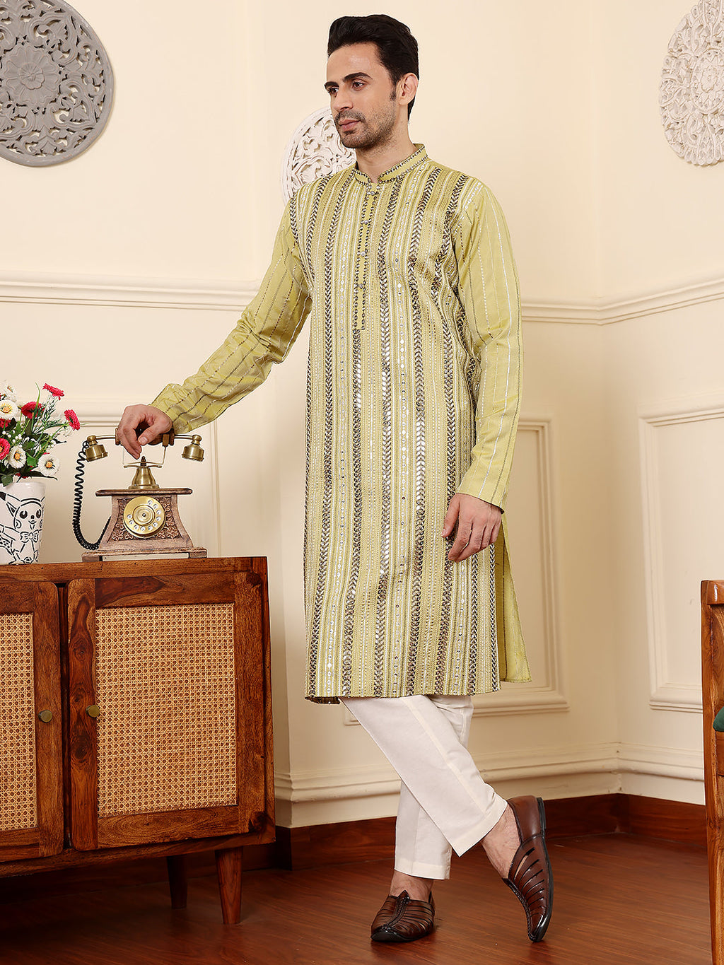 MULTI SHADES Men's Long Sleeve Mandarin Collar Ethnic Straight Light Green Viscose Silk Kurta With Embroidery | Grocsy