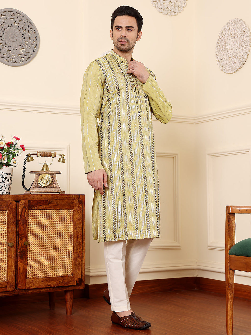 MULTI SHADES Men's Ethnic Straight Light Green Viscose Silk Kurta With Embroidery,Cream Solid Trouser Style Churidar | Grocsy