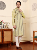 MULTI SHADES Men's Ethnic Straight Light Green Viscose Silk Kurta With Embroidery,Cream Solid Trouser Style Churidar | Grocsy