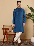 MULTI SHADES Men's Blue Straight Viscose Silk Kurta With Embroidered Neckline And Motifs,Off White Solid Trouser Style Churidar | Grocsy