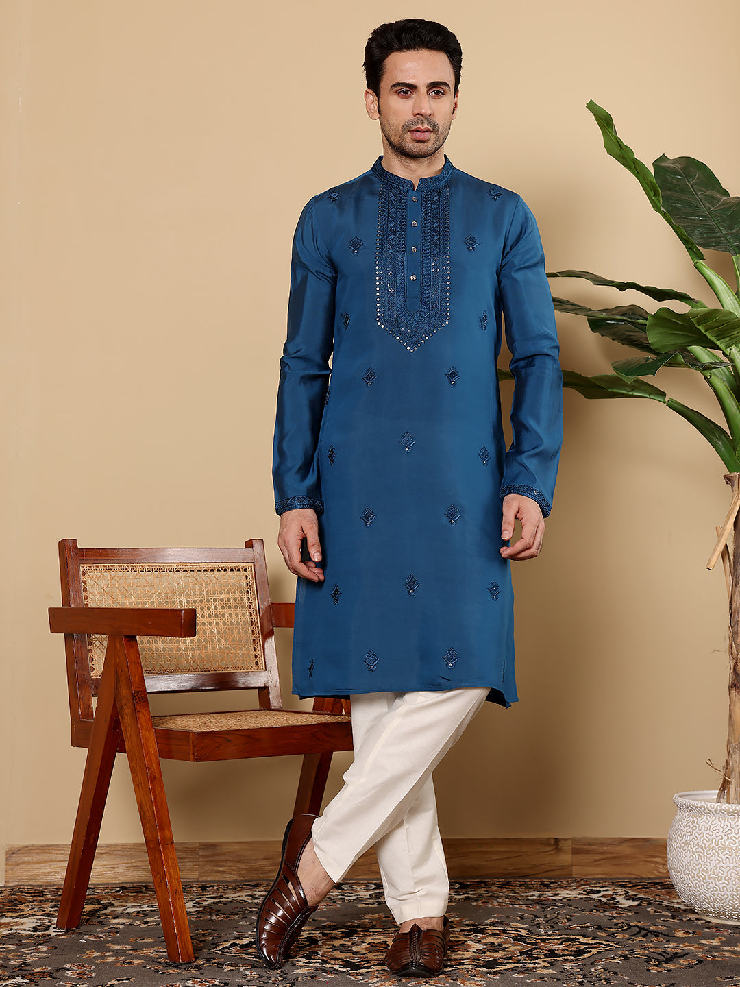 MULTI SHADES Men's Blue Straight Viscose Silk Kurta With Embroidered Neckline And Motifs,Off White Solid Trouser Style Churidar | Grocsy