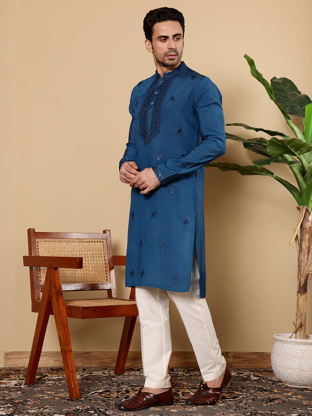 MULTI SHADES Men's Blue Straight Viscose Silk Kurta With Embroidered Neckline And Motifs,Off White Solid Trouser Style Churidar | Grocsy