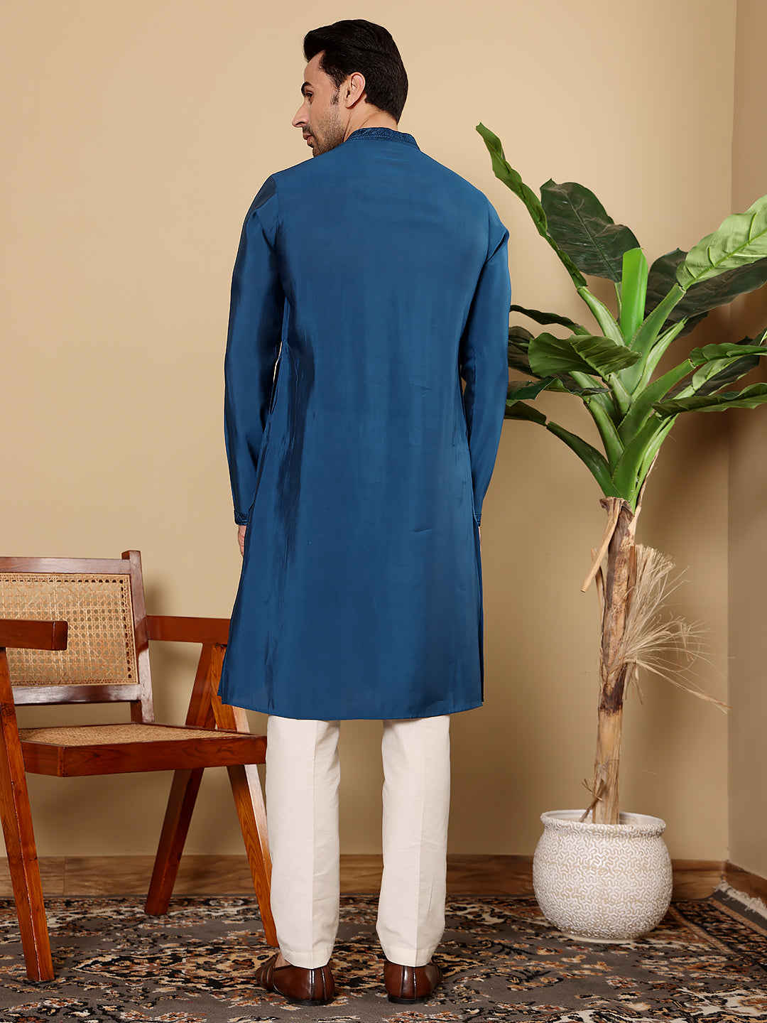 MULTI SHADES Men's Blue Straight Viscose Silk Kurta With Embroidered Neckline And Motifs,Off White Solid Trouser Style Churidar | Grocsy