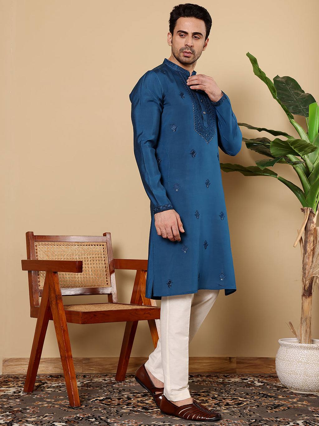 MULTI SHADES Men's Blue Straight Viscose Silk Kurta With Embroidered Neckline And Motifs,Off White Solid Trouser Style Churidar | Grocsy