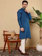 MULTI SHADES Men's Blue Straight Viscose Silk Kurta With Embroidered Neckline And Motifs,Off White Solid Trouser Style Churidar | Grocsy