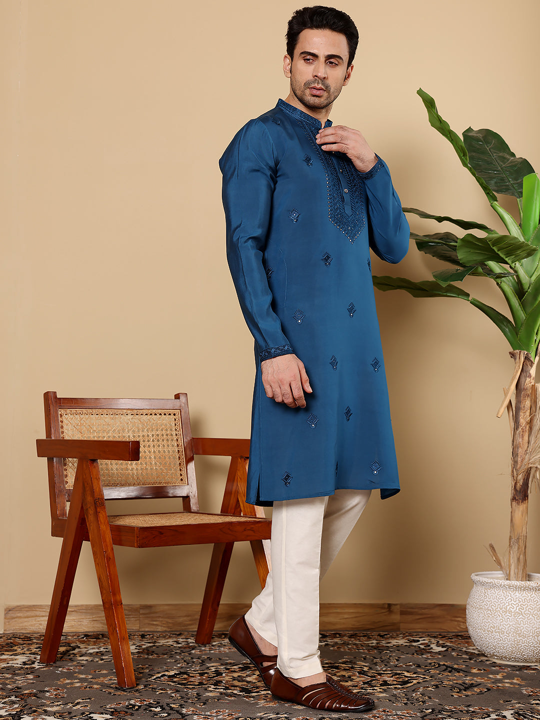 MULTI SHADES Men's Long Sleeve Mandarin Collar Blue Straight Viscose Silk Kurta With Embroidered Neckline And Motifs | Grocsy