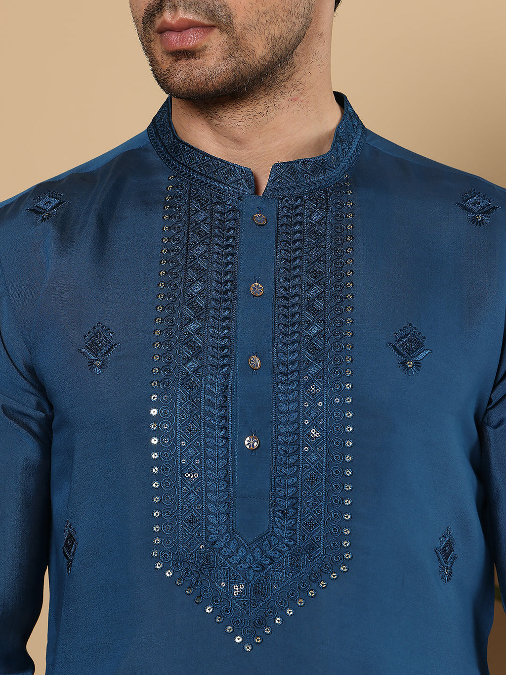 MULTI SHADES Men's Blue Straight Viscose Silk Kurta With Embroidered Neckline And Motifs,Off White Solid Trouser Style Churidar | Grocsy